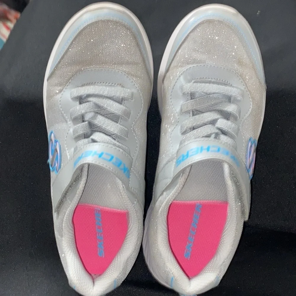 Skechers Gray Sneakers with Pink Insole GIRLS SIZE 4‎ HOOK LOOP CLOSURE GLITTER